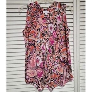 Charter Club Womens XS Sleeveless Paisley Floral V-Neck Blouse Orange Pink Black